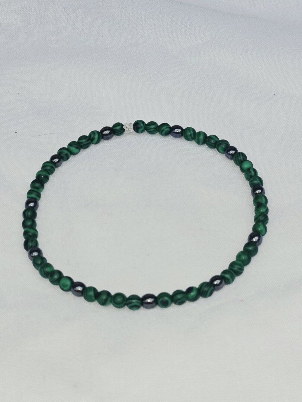Malachite Beaded Stretch Bracelet With Polished Hematite Accent Beads